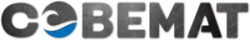 Cobemat-logo in zwart met een blauw grafisch accent.